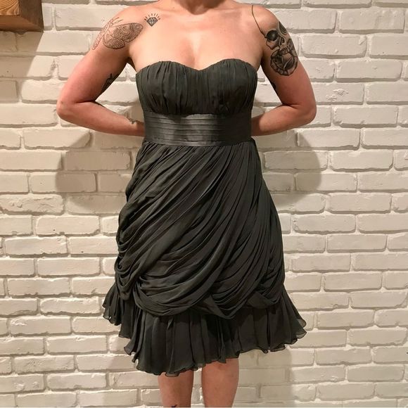 VIVIANNE TAM DRESS SILK GREY GRAY LAYERS FLOWY BABYDOLL SWEETHEART STRAPLESS - Picture 13 of 15